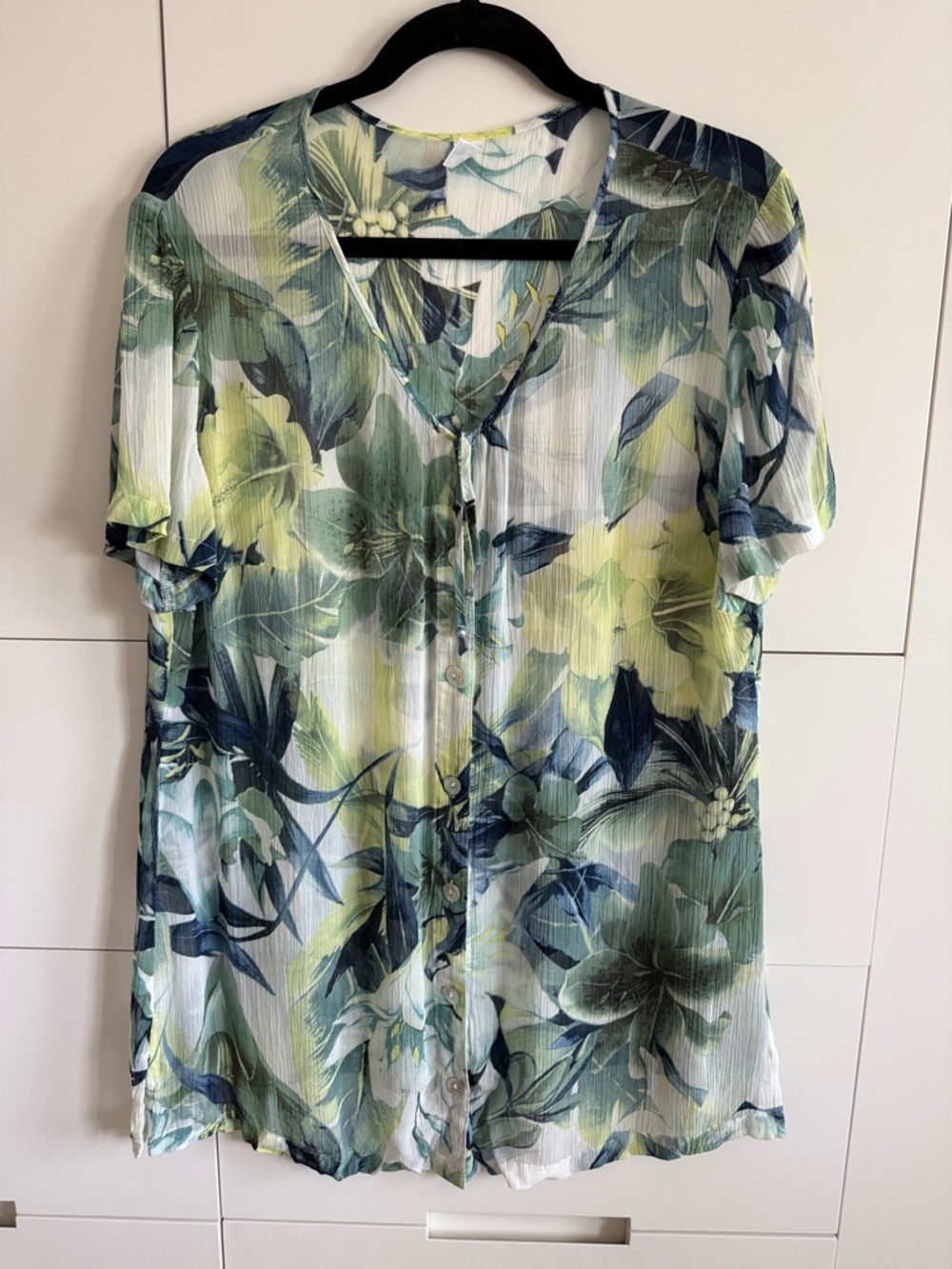 Womens Floral Button-Front Short Sleeve Top - Green/Blue Size XL